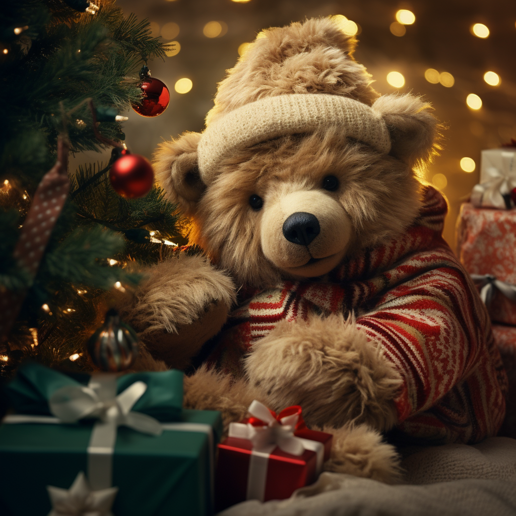 a cute teddy bear sitting next to a Christmas tree with red and green presents next to him