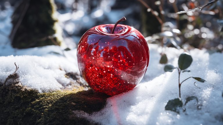 a crystal translucent red apple on the floor of a snow covered forest