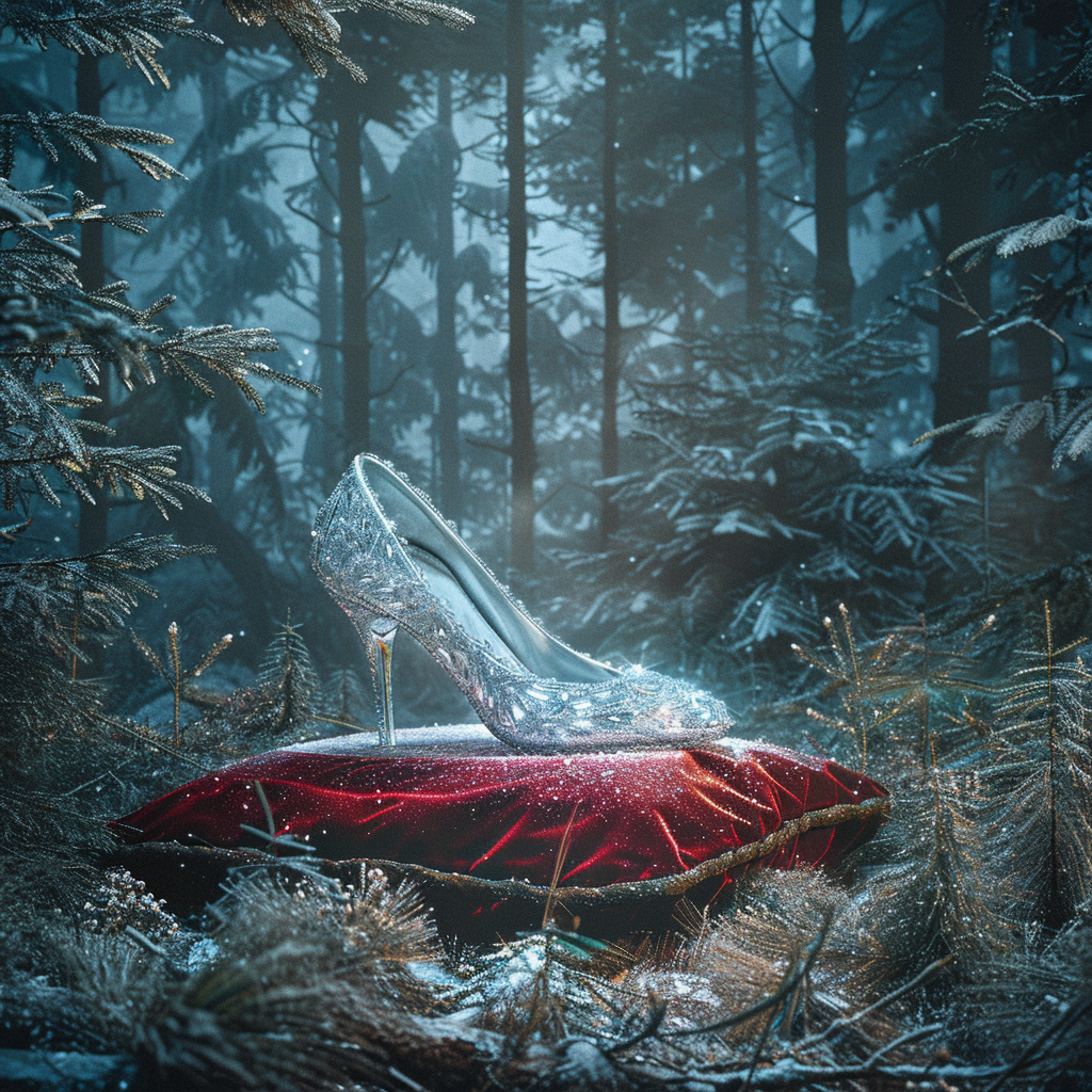A crystal glass slipper on a red velvet cushion in a forest with snow on the ground