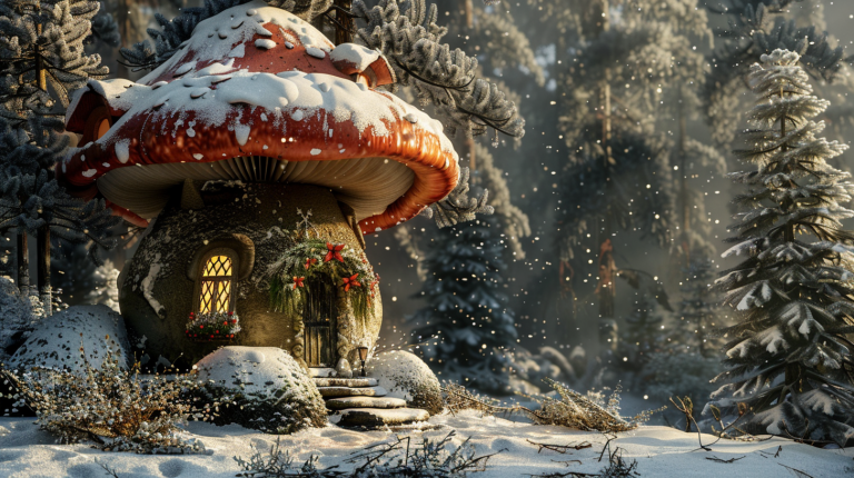A red topped mushroom house inhabited by fairies in a snow covered forest at Christmas