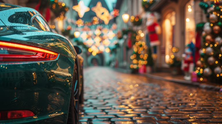 A green car parked in a Christmas themed street