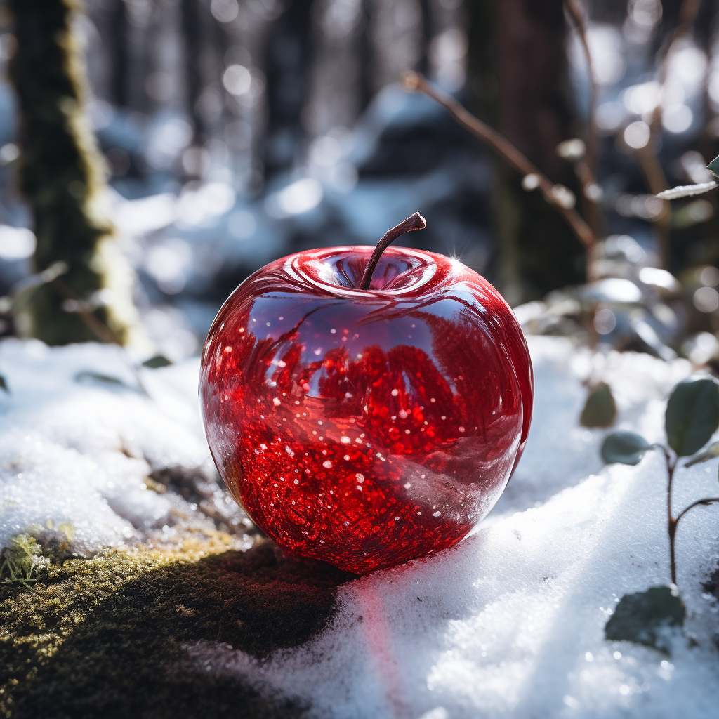 A red crystal translucent apple on the snow covered floor or a forest