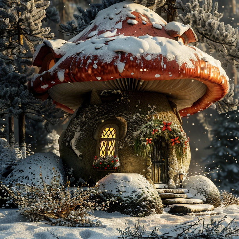 A red topped mushroom house inhabited by fairies in a snow covered forest at Christmas