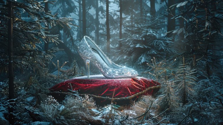 A glass crystal slipper on a red velvet cushion on the floor of a forest with snow on the ground